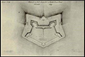This plan shows the overall outline of the original Fort Pickens. The bottom of the plan shows the water fronts of the fort.